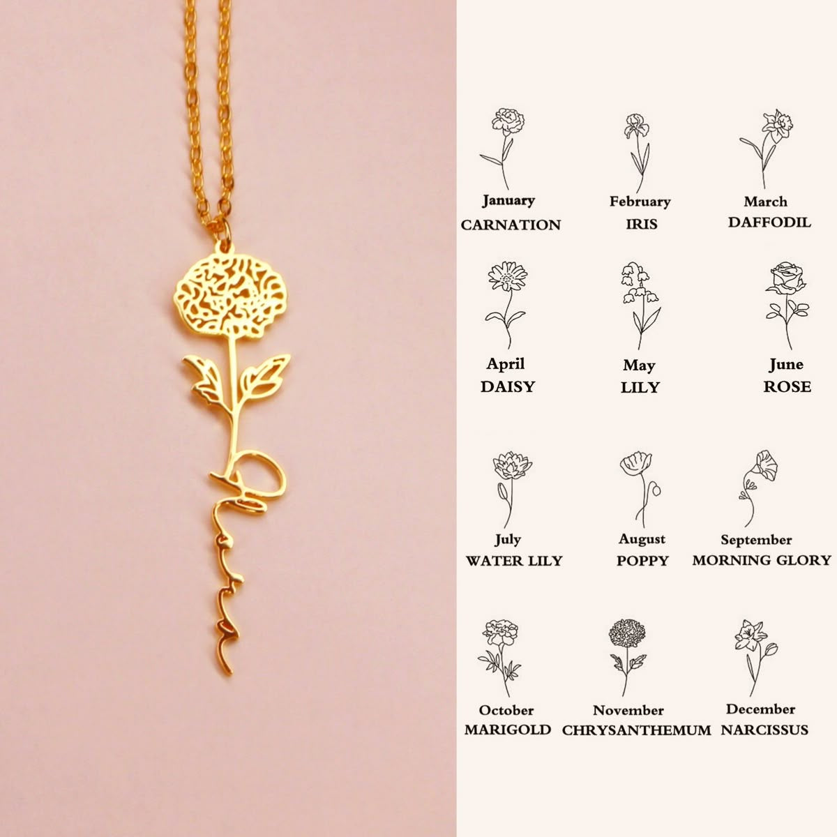 Birth Flower Name Necklace